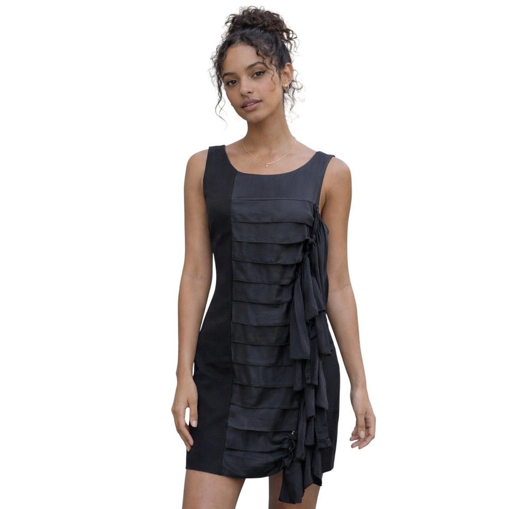 BCBGMAXAZRIA Women Dress Black Tiered Ruffle Mini Dress Sleeveless Silk‎ Sz 2